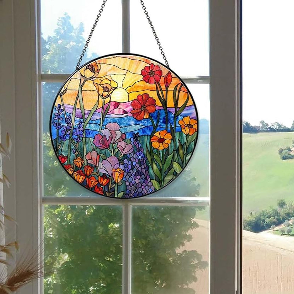 Sunset wildflower meadow stained glass suncatcher window hanging, suitable for home and garden decoration