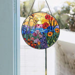Sunset wildflower meadow stained glass suncatcher window hanging, suitable for home and garden decoration