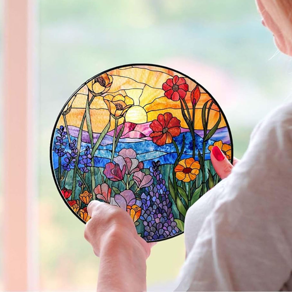 Sunset wildflower meadow stained glass suncatcher window hanging, suitable for home and garden decoration