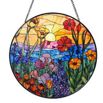 Sunset wildflower meadow stained glass suncatcher window hanging, suitable for home and garden decoration