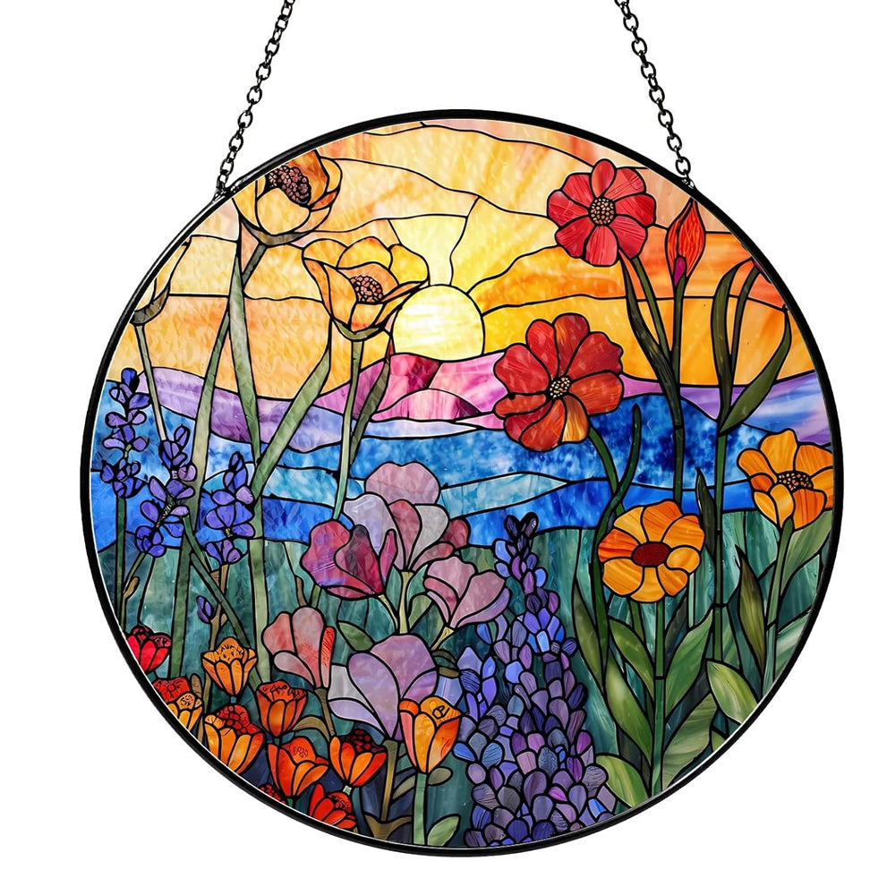 Sunset wildflower meadow stained glass suncatcher window hanging, suitable for home and garden decoration