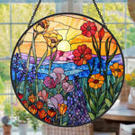Sunset wildflower meadow stained glass suncatcher window hanging, suitable for home and garden decoration