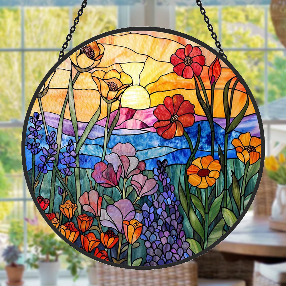 Sunset wildflower meadow stained glass suncatcher window hanging, suitable for home and garden decoration