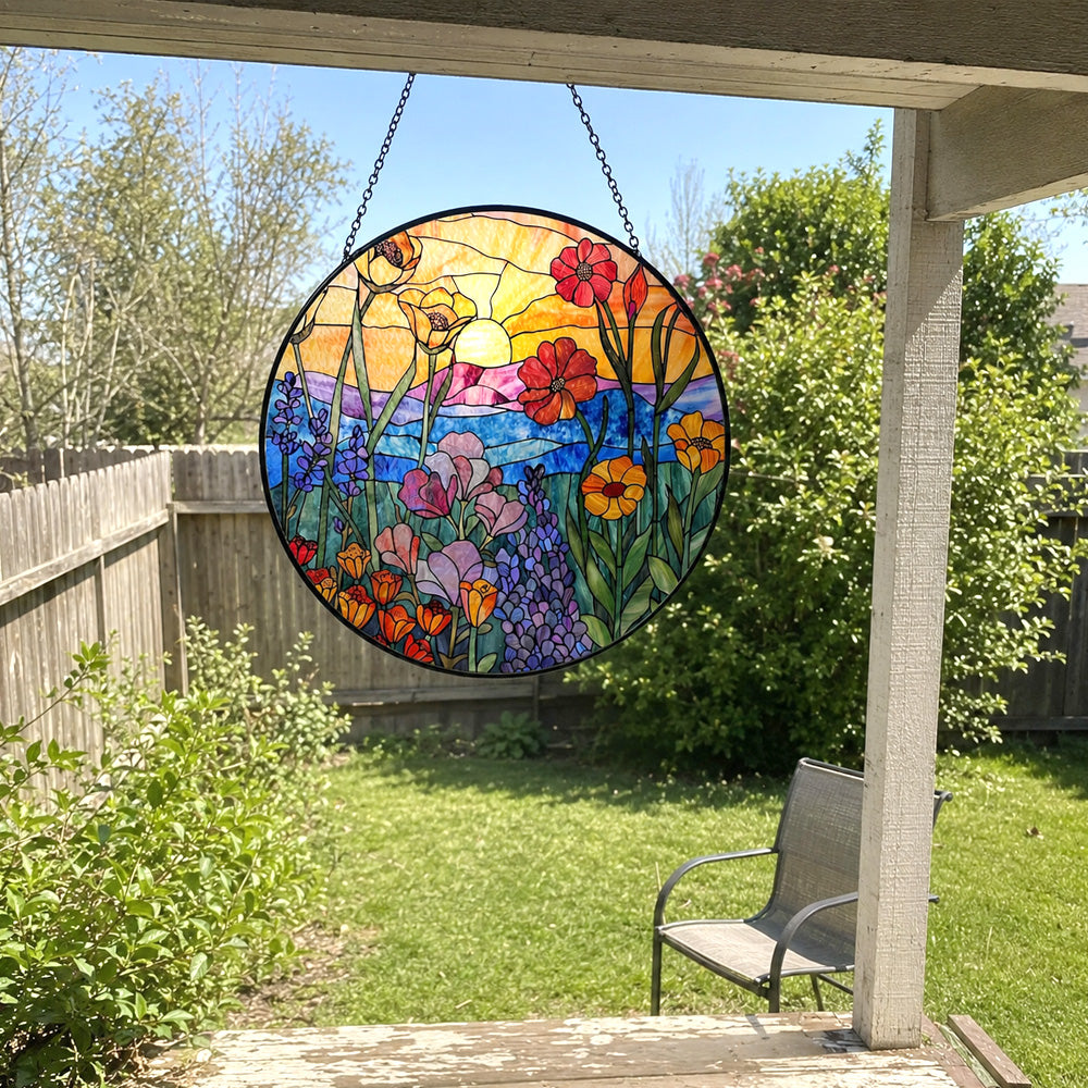 Sunset wildflower meadow stained glass suncatcher window hanging, suitable for home and garden decoration