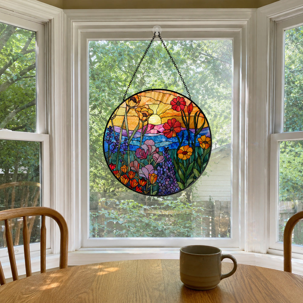 Sunset wildflower meadow stained glass suncatcher window hanging, suitable for home and garden decoration