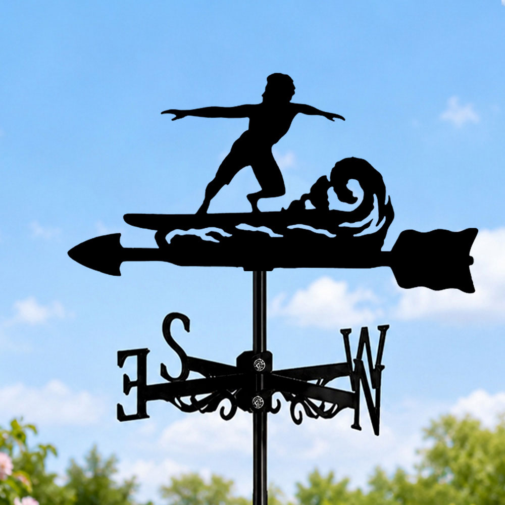 Surf man metal weather vane with directional arrows and mounting rod, outdoor roof and garden decoration