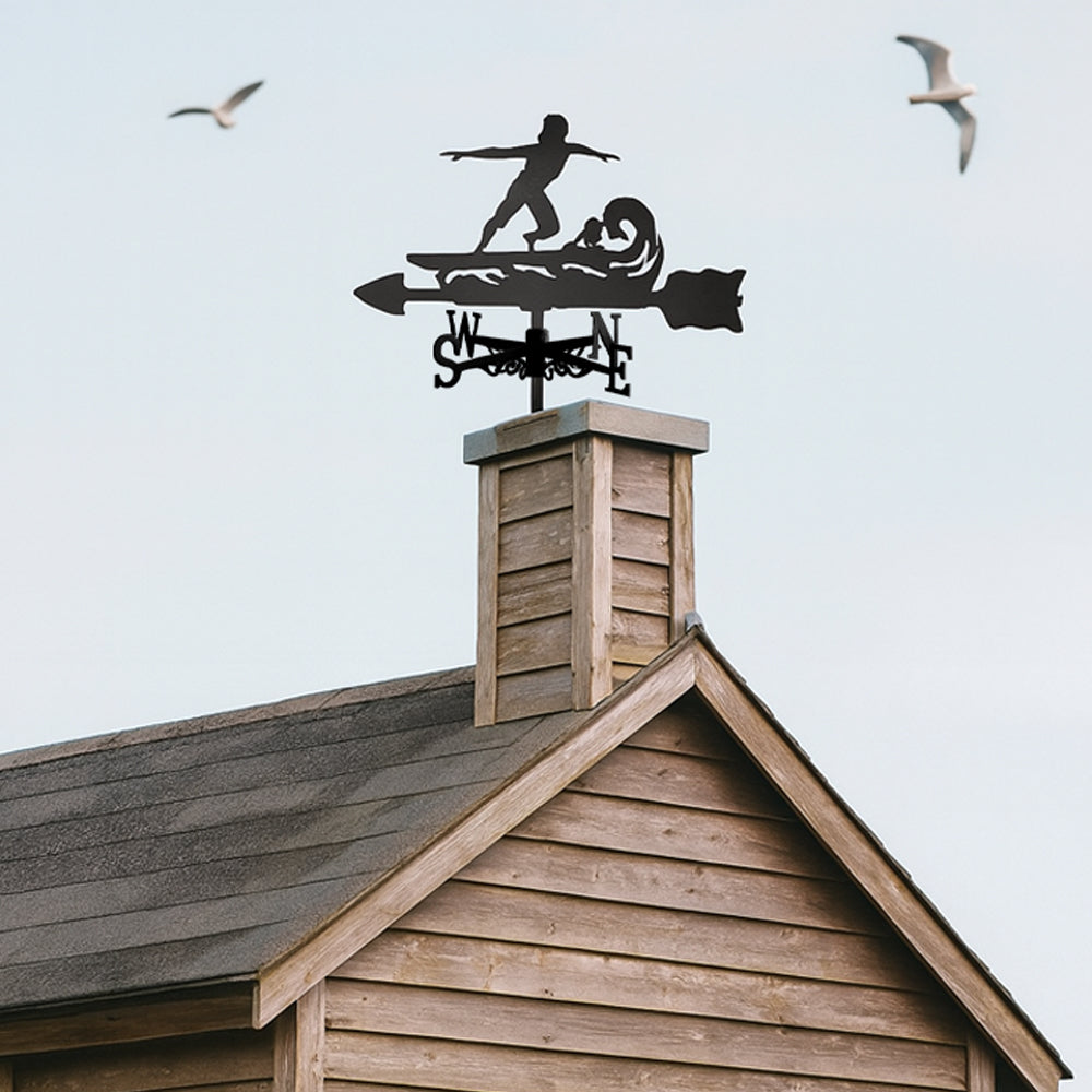 Surf man metal weather vane with directional arrows and mounting rod, outdoor roof and garden decoration
