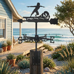 Surf man metal weather vane with directional arrows and mounting rod, outdoor roof and garden decoration