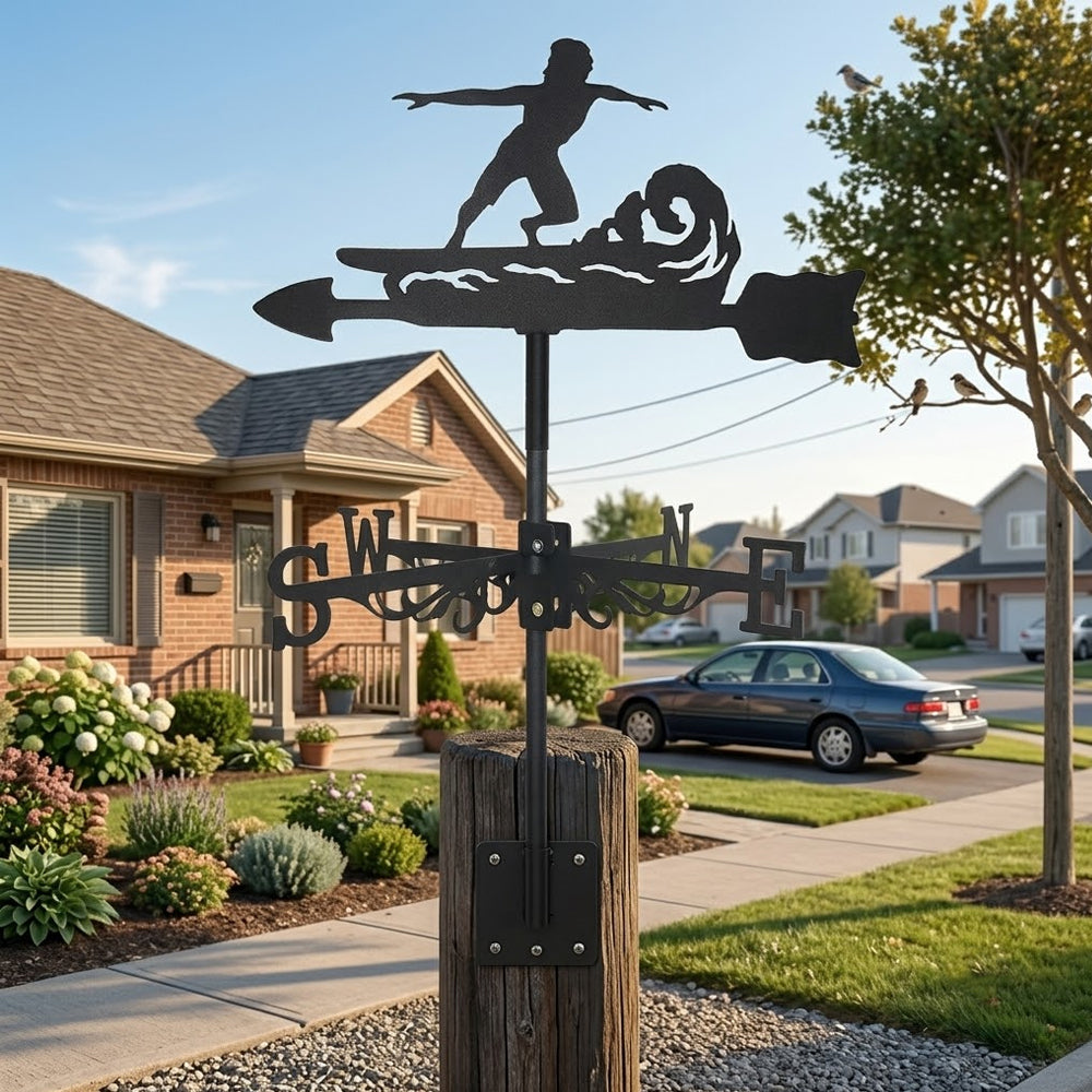 Surf man metal weather vane with directional arrows and mounting rod, outdoor roof and garden decoration