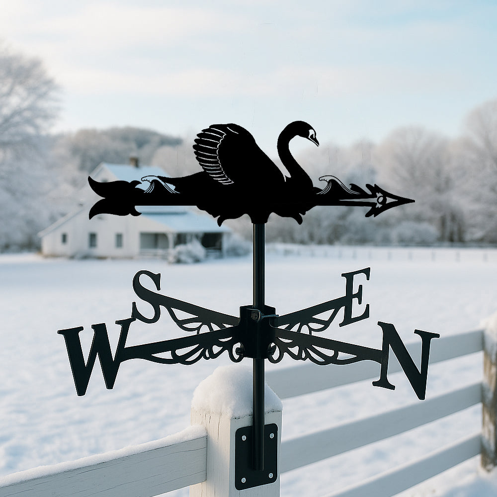 Swan metal weather vane with directional arrows and mounting rod, outdoor roof and garden decoration