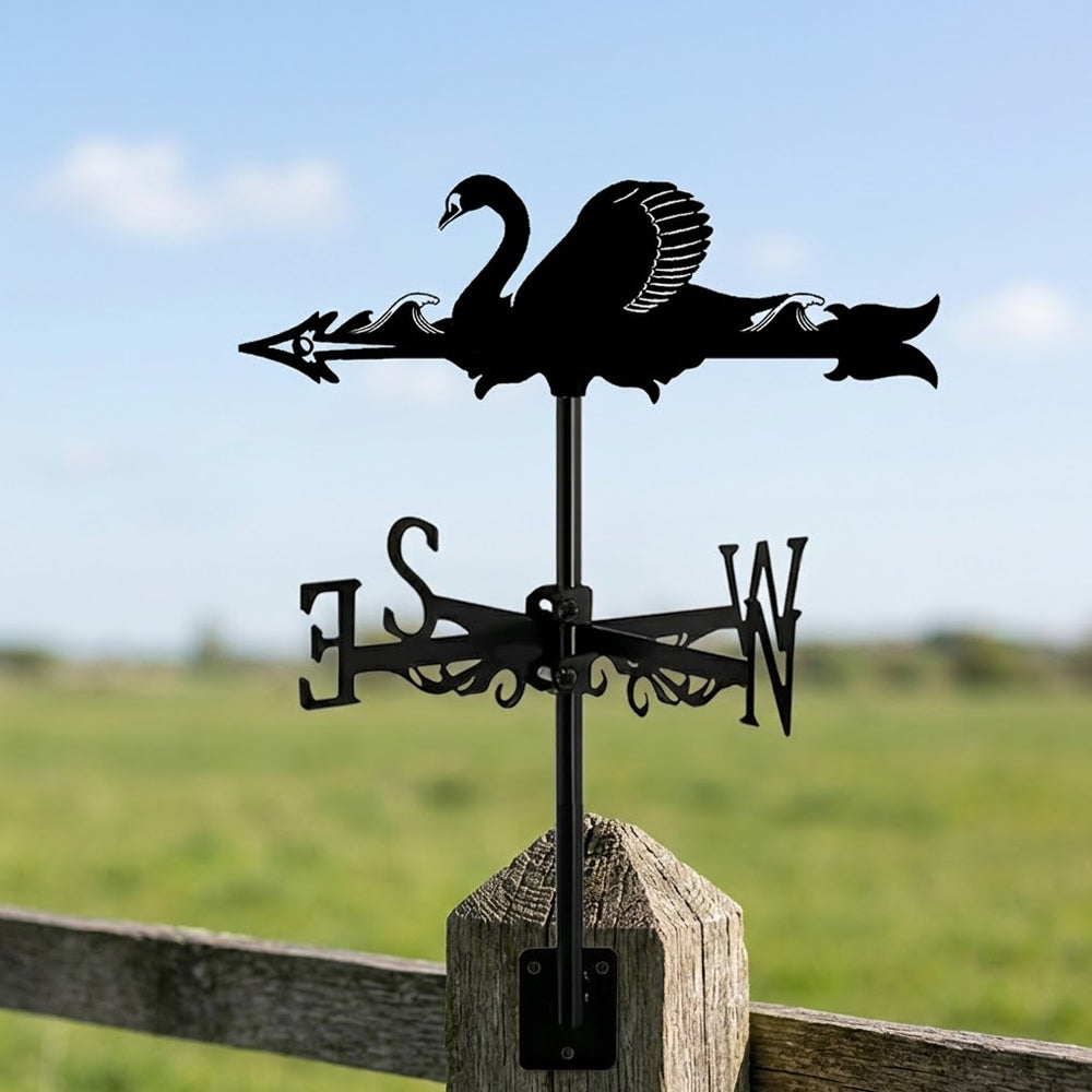 Swan metal weather vane with directional arrows and mounting rod, outdoor roof and garden decoration