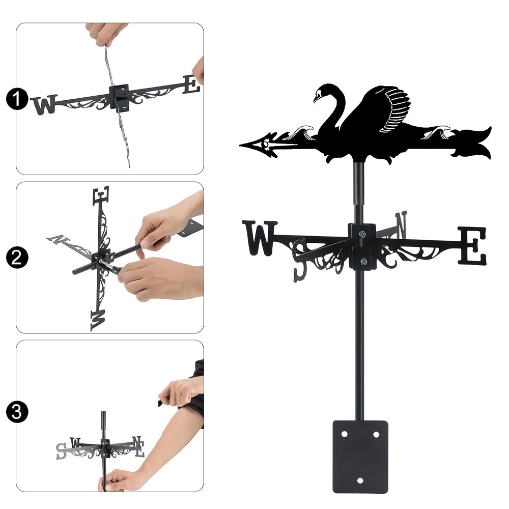 Swan metal weather vane with directional arrows and mounting rod, outdoor roof and garden decoration