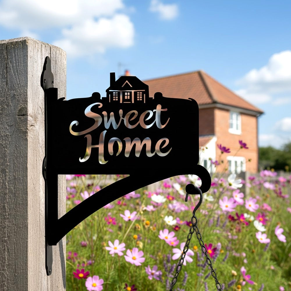 Sweet home sign metal hanging basket bracket mounted on outdoor wall for plant decoration