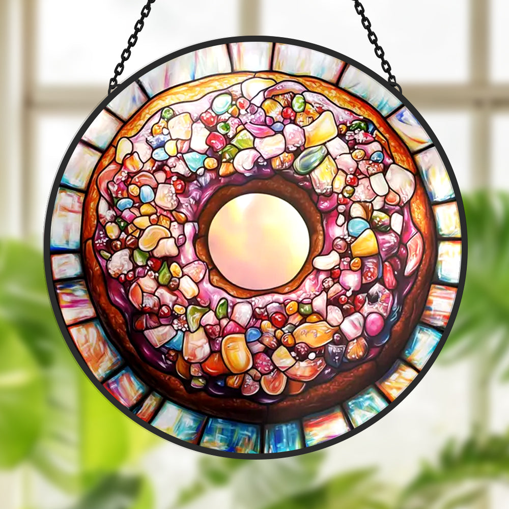 Sweet vibrant rainbow donut stained glass suncatcher window hanging, suitable for home and garden decoration