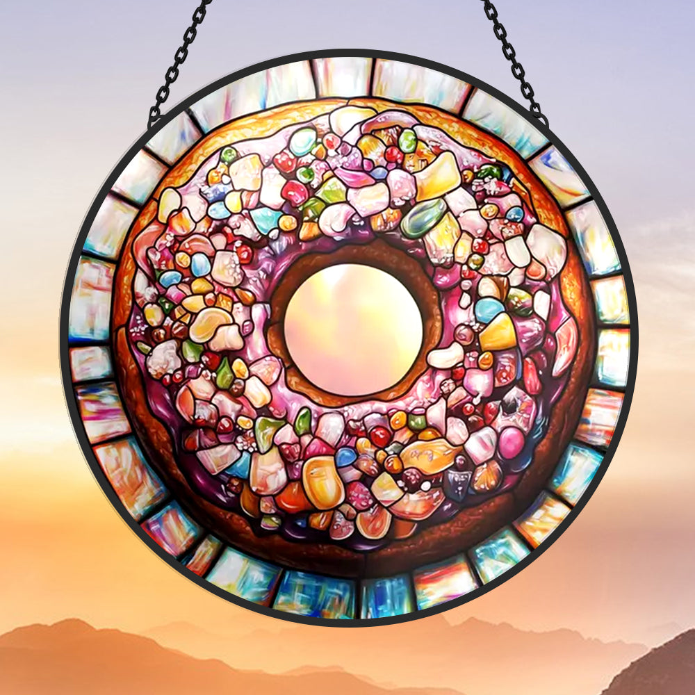 Sweet vibrant rainbow donut stained glass suncatcher window hanging, suitable for home and garden decoration