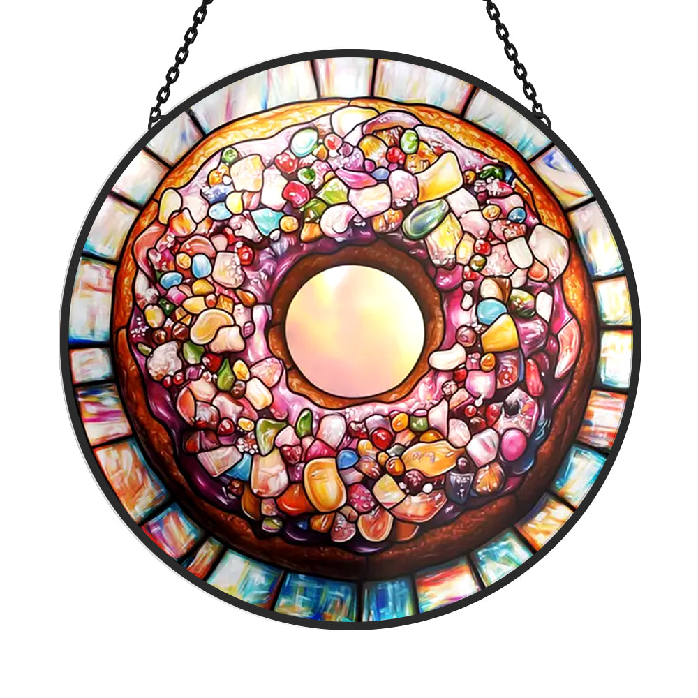Sweet vibrant rainbow donut stained glass suncatcher window hanging, suitable for home and garden decoration