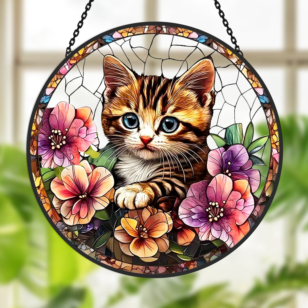 Tabby kitten floral stained glass suncatcher window hanging, suitable for home and garden decoration