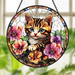 Tabby kitten floral stained glass suncatcher window hanging, suitable for home and garden decoration