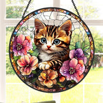 Tabby kitten floral stained glass suncatcher window hanging, suitable for home and garden decoration