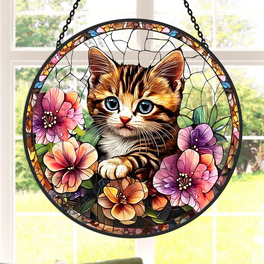 Tabby kitten floral stained glass suncatcher window hanging, suitable for home and garden decoration