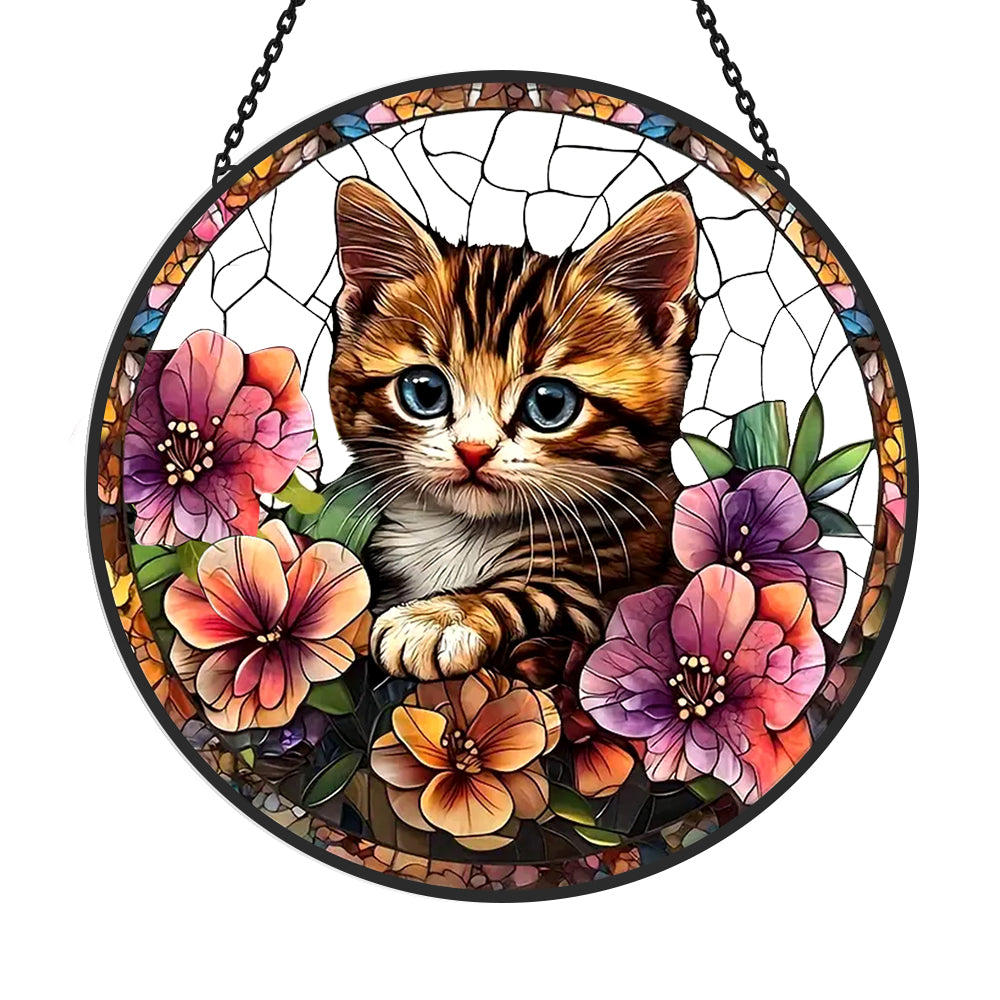 Tabby kitten floral stained glass suncatcher window hanging, suitable for home and garden decoration