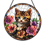 Tabby kitten floral stained glass suncatcher window hanging, suitable for home and garden decoration