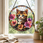 Tabby kitten floral stained glass suncatcher window hanging, suitable for home and garden decoration