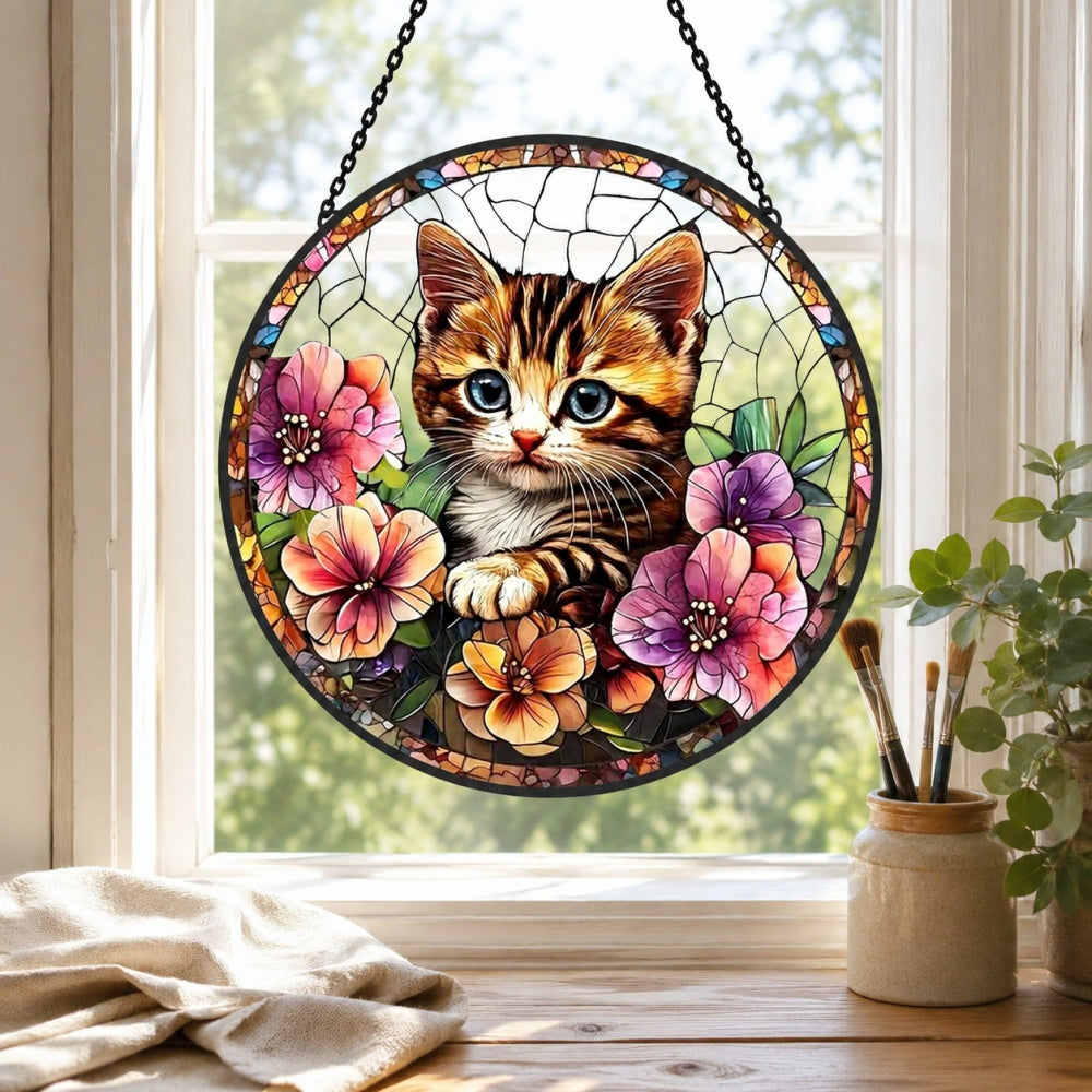 Tabby kitten floral stained glass suncatcher window hanging, suitable for home and garden decoration