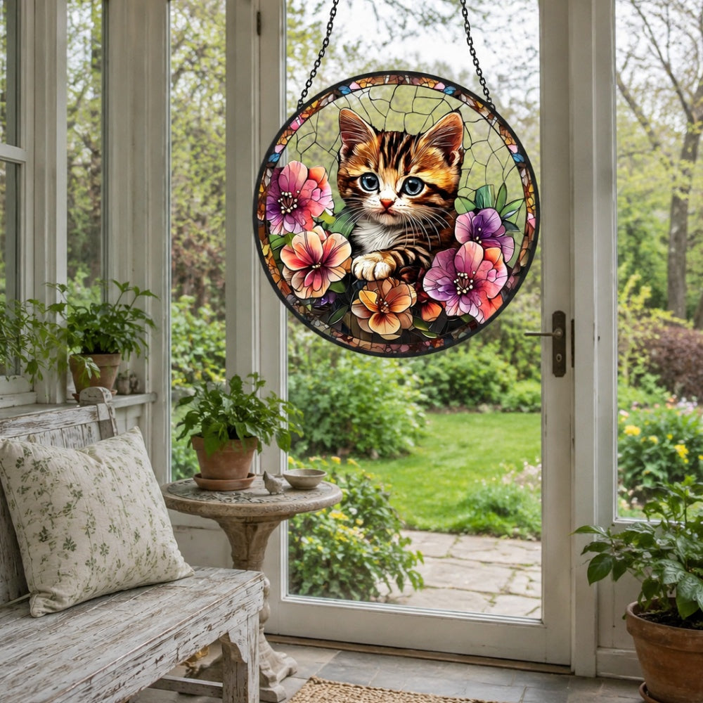 Tabby kitten floral stained glass suncatcher window hanging, suitable for home and garden decoration