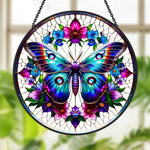 Teal butterfly floral wreath stained glass suncatcher window hanging, suitable for home and garden decoration