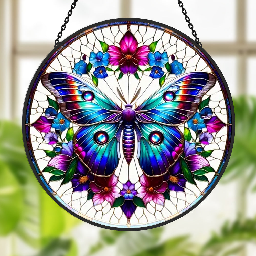 Teal butterfly floral wreath stained glass suncatcher window hanging, suitable for home and garden decoration