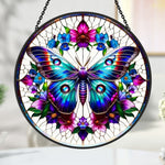 Teal butterfly floral wreath stained glass suncatcher window hanging, suitable for home and garden decoration