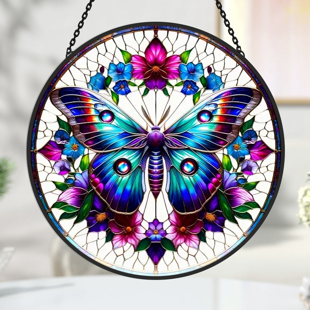 Teal butterfly floral wreath stained glass suncatcher window hanging, suitable for home and garden decoration