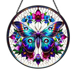 Teal butterfly floral wreath stained glass suncatcher window hanging, suitable for home and garden decoration