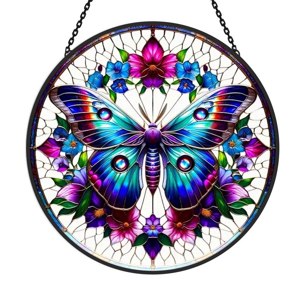 Teal butterfly floral wreath stained glass suncatcher window hanging, suitable for home and garden decoration