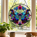 Teal butterfly floral wreath stained glass suncatcher window hanging, suitable for home and garden decoration