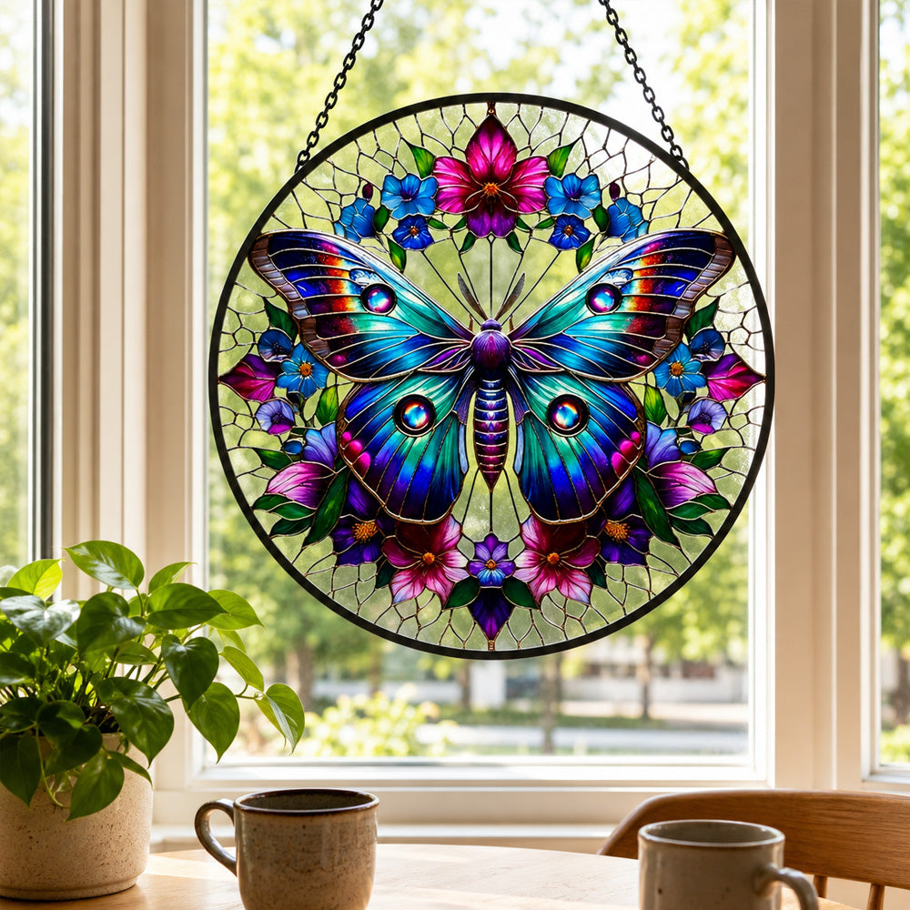 Teal butterfly floral wreath stained glass suncatcher window hanging, suitable for home and garden decoration