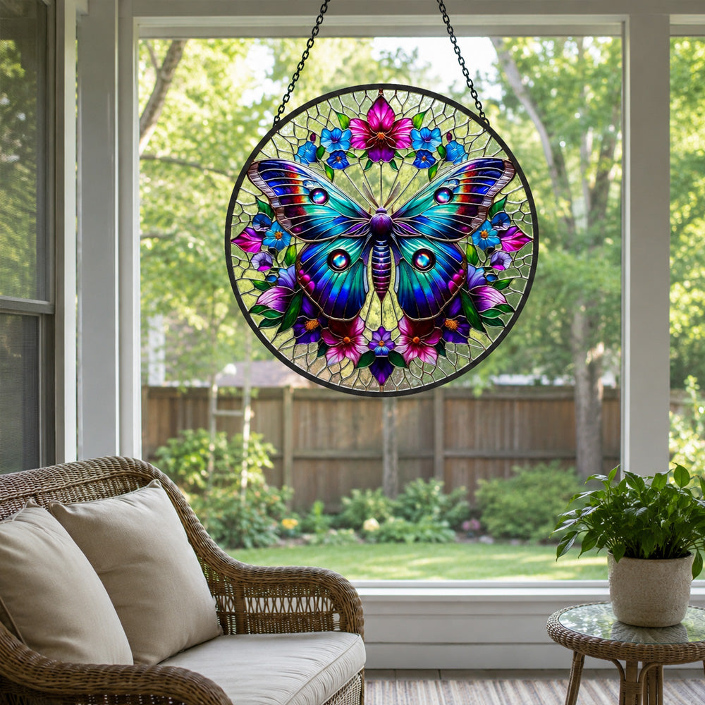 Teal butterfly floral wreath stained glass suncatcher window hanging, suitable for home and garden decoration