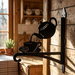 Teapot teacup metal hanging basket bracket mounted on outdoor wall for plant decoration