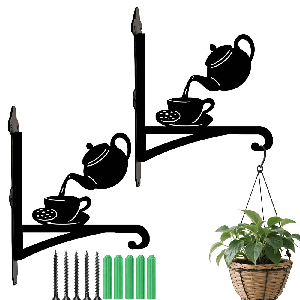 Teapot teacup metal hanging basket bracket mounted on outdoor wall for plant decoration