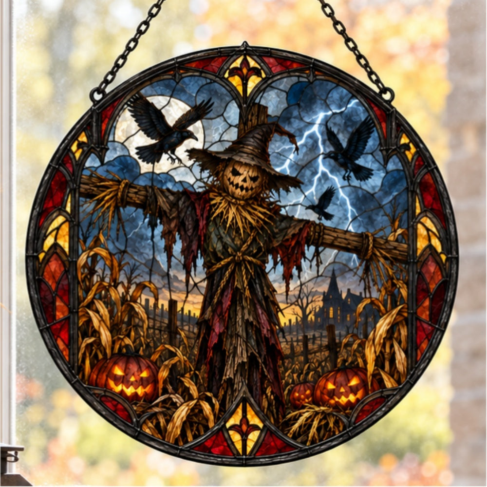 Terrifying Scarecrow Halloween stained glass suncatcher window hanging, suitable for home and garden decoration