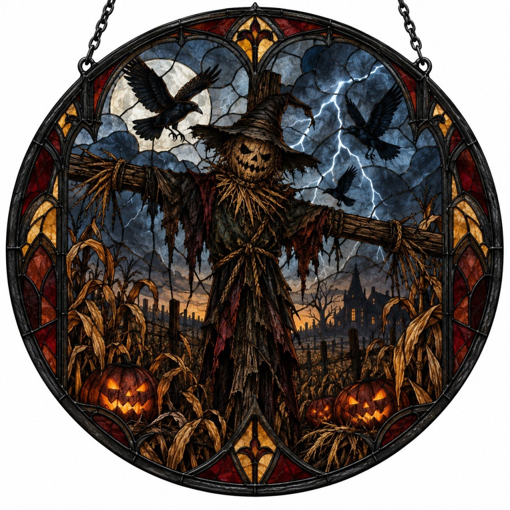 Terrifying Scarecrow Halloween stained glass suncatcher window hanging, suitable for home and garden decoration