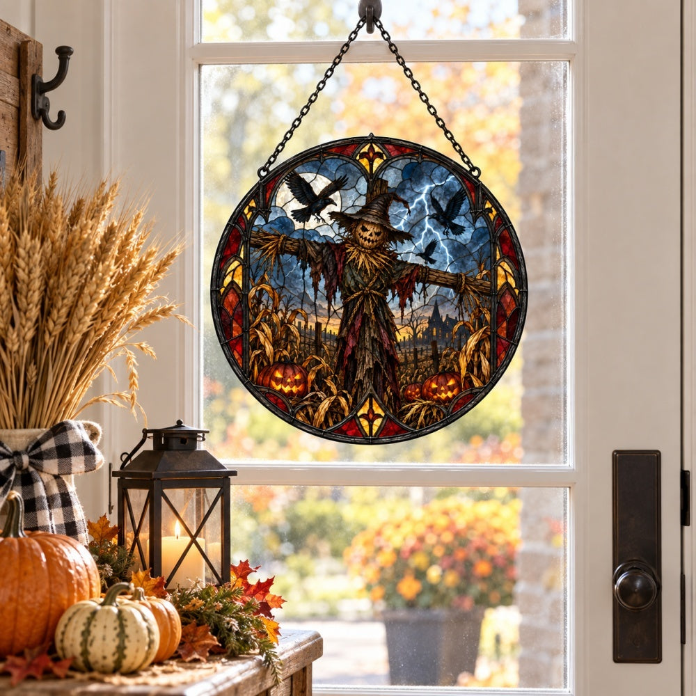 Terrifying Scarecrow Halloween stained glass suncatcher window hanging, suitable for home and garden decoration