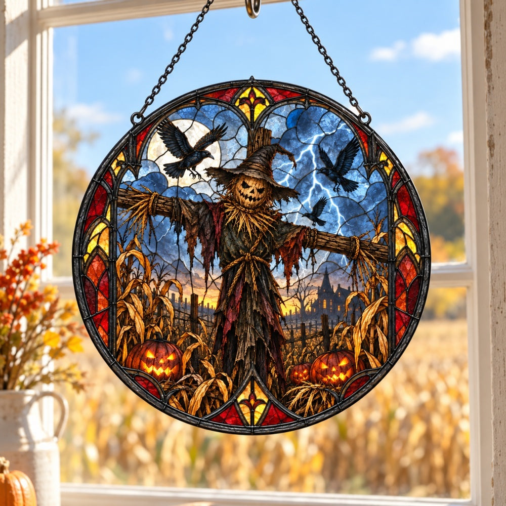 Terrifying Scarecrow Halloween stained glass suncatcher window hanging, suitable for home and garden decoration