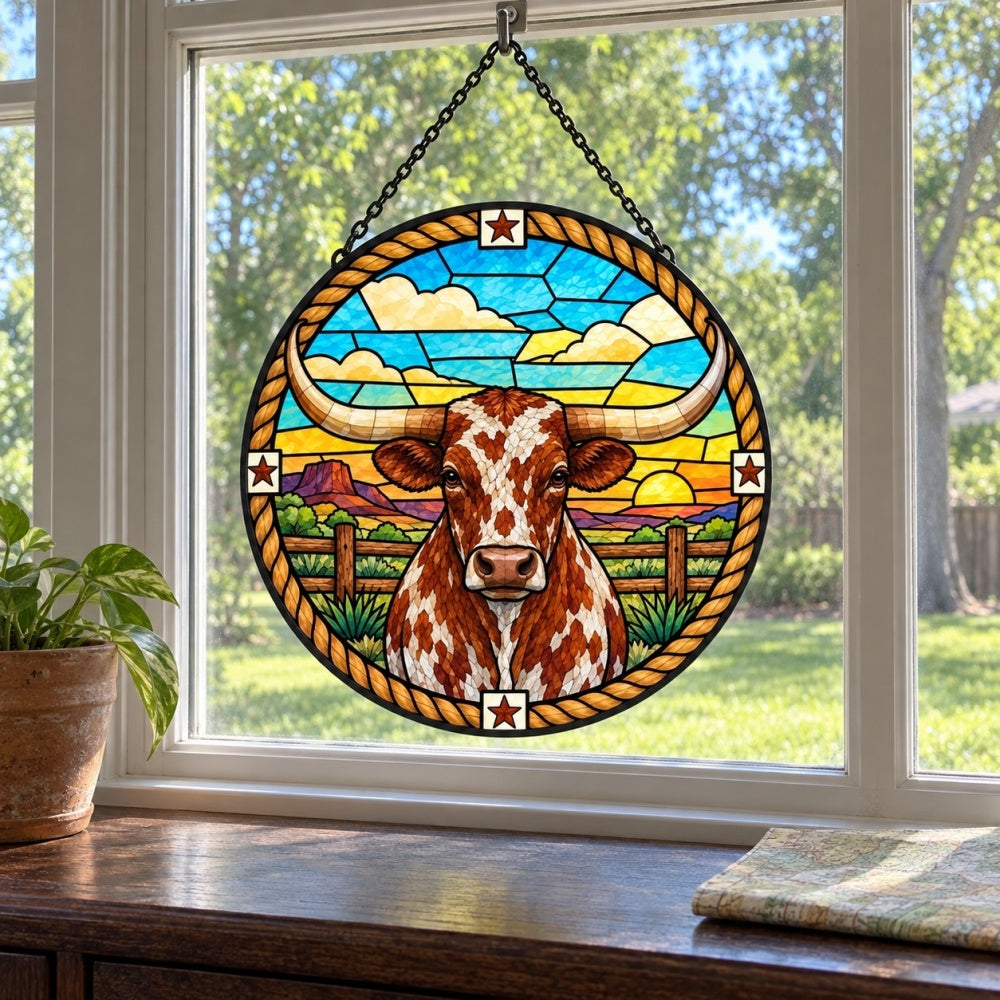 Texas longhorn cattle stained glass suncatcher window hanging, suitable for home and garden decoration