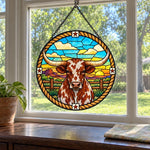 Texas longhorn cattle stained glass suncatcher window hanging, suitable for home and garden decoration