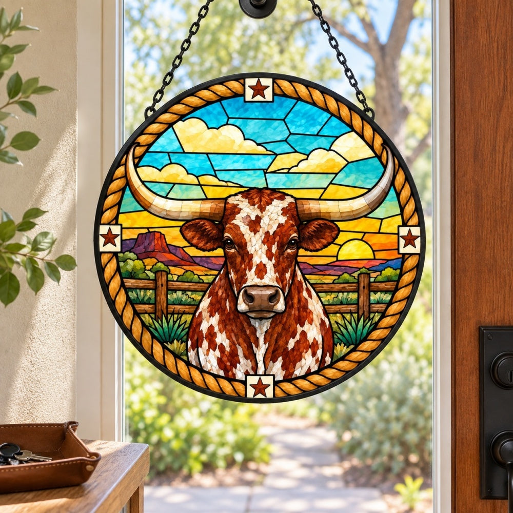 Texas longhorn cattle stained glass suncatcher window hanging, suitable for home and garden decoration