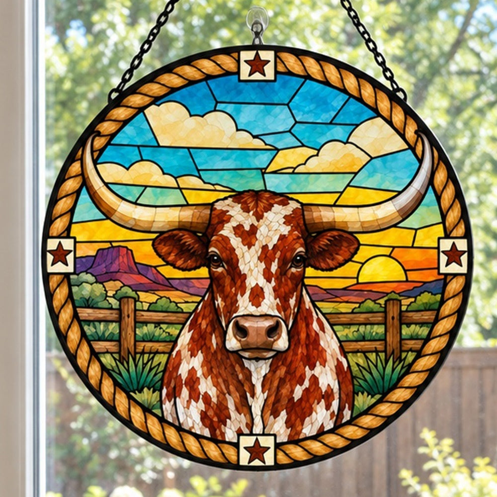 Texas longhorn cattle stained glass suncatcher window hanging, suitable for home and garden decoration