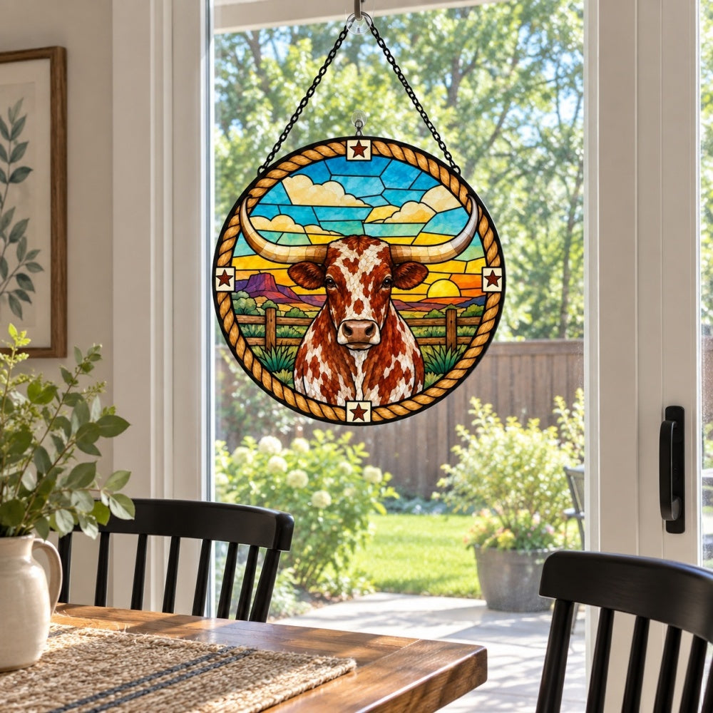Texas longhorn cattle stained glass suncatcher window hanging, suitable for home and garden decoration