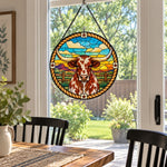 Texas longhorn cattle stained glass suncatcher window hanging, suitable for home and garden decoration
